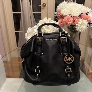 Michael Kors Black Leather Satchel with Gold Accents